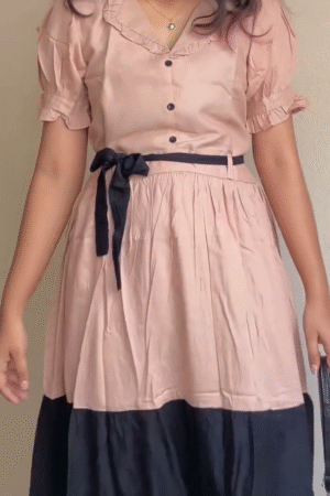 Peach & Black Contrast Belted Midi Dress