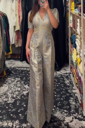 Regal Brocade Jumpsuit in Silver & Sky Blue
