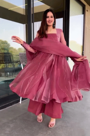 Dusty Rose Flared Kurta Set with Dupatta