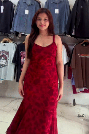 Crimson Floral Maxi Dress with Spaghetti Straps