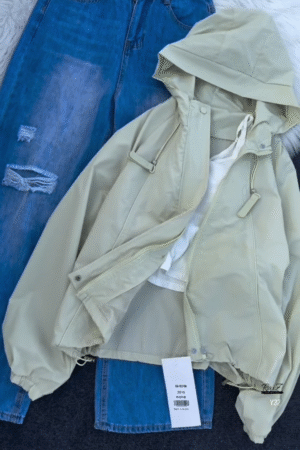 Beige Hooded Jacket with Ripped Blue Denim