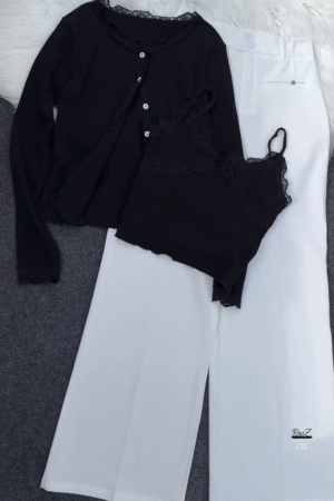 Grey Lace-Trimmed Knit Top & White Pants Co-ord Set