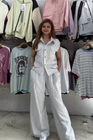 Elegant Beige Sleeveless Belted Top & Wide-Leg Pant Co-ord Set