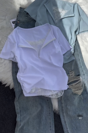 Women’s Grey Lace Detail V-Neck Short Sleeve Top