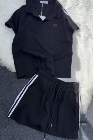 Women’s Black Polo Collar T-Shirt & Striped Shorts Co-ord Set