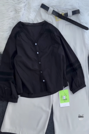 Women’s Black Button-Down Blouse with Beige Wide-Leg Trousers Set