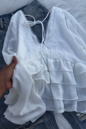 Women’s Layered Ruffle Blouse with Deep V-Neck (Available in Black & White)