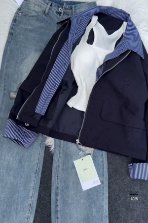 Women’s Casual Zip-Up Jacket with Striped Lining – Navy Blue