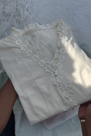 Women’s Lace-Trimmed V-Neck Blouse with Pearl Buttons