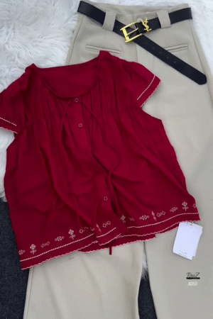 Black Embroidered Blouse & Beige Trouser Set with Belt