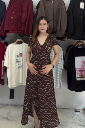 Brown Polka Dot V-Neck Maxi Dress