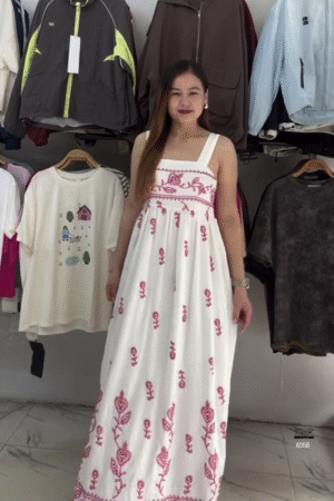 Beige Floral Embroidered Maxi Dress