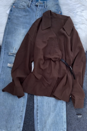 White Collared Wrap Blouse with Belt Detail