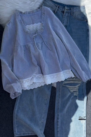 Pink Striped Ruffle Blouse with Distressed Denim Jeans Set