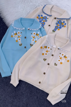 Embroidered Floral Collar Cardigans 🌼 Available in Cream, Light Blue & Lace-Trim Variants