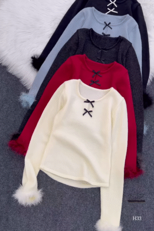 Fur-Cuffed Bow Detail Sweaters 🧥 Available in Black, Light Blue, Dark Grey, Red & Cream