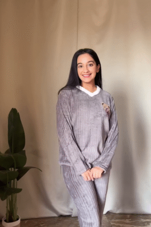 Fluffy Cartoon Co-ord Set 🐾 White Top & Blue Pants – Ultra Cozy Loungewear