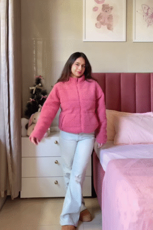 Pink Winter Jacket Look 💗 with Ripped Jeans & Brown Shoes – Cozy Bedroom Edit
