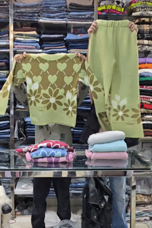 Floral Knit Co-ord Sets 🌸 Heart & Flower Patterns – Purple, Green & Pink Variants