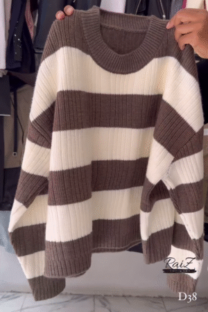 Ribbed Stripe Knit Sweaters 🧶 Horizontal Pattern – Black, Brown, Gray & Pink Variants