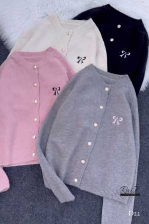 Bow-Embroidered Pearl Button Cardigans 🧥🎀 – Soft Knit Layers in Cream, Black, Pink & Gray Variants