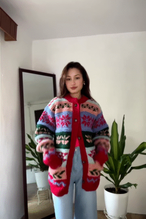 Multicolor Patterned Knit Cardigan 🧥🌈 – Styled Over Red Top & Light Blue Jeans