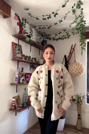 Floral Embroidered Knit Cardigan 🌿🧥 – Dark Green Layer Styled with Black Pants & Brown Boots