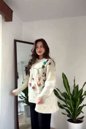 Whimsical Nature-Embroidered Knit Sweater 🌞🦊🌼 – Beige Base with Colorful Storybook Detailing