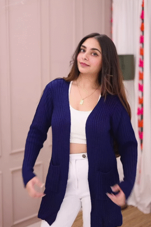 Blue-Toned Knitwear Trio 🧥💙 – Striped Sweater, Navy Cardigan & Cable-Knit Co-Ord Set