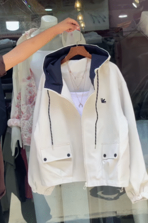 Contrast-Hood Zip-Up Jackets 🧥🎨 – Navy, Red & White Variants with Layered Styling