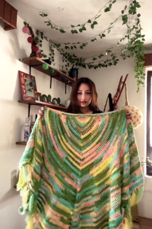 Multicolor Crocheted Shawl with Fringe Detailing 🧶🌈 – Boho Knit Layer Styled Over Black Top