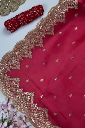 Premium Bridal Red Heavy Embroidered Partywear Saree with Designer Blouse Fabric