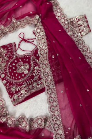Premium Bridal Maroon Heavy Embroidered Designer Blouse with Dupatta Set