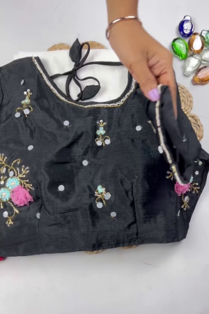 Midnight Black Floral Hand-Embellished Designer Blouse with Pearl Accents