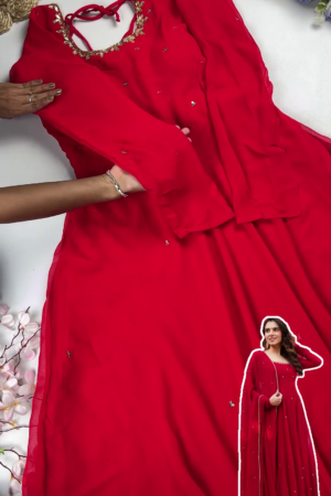 Classic Crimson Georgette Anarkali with Golden Vine Accents