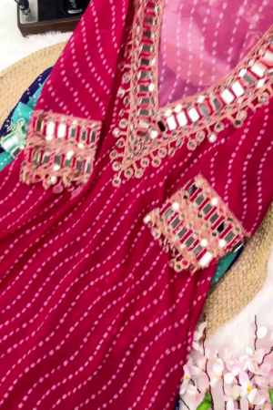 Vibrant Rani Pink Bandhani Anarkali with Heavy Mirror Work