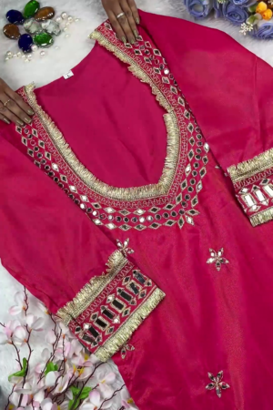 Vibrant Rani Pink Silk Anarkali with Heavy Mirror Artistry