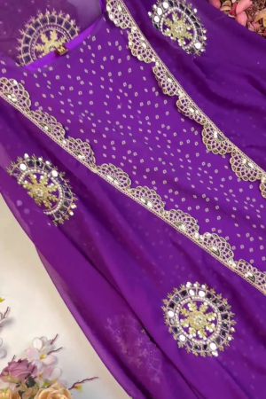 Vibrant Bandhani Georgette Suit with Circular Mirror-Work Medallions