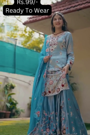 Celestial Blue Silk Sharara Set with Floral Artistry
