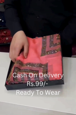 Coral Sunset Shimmer Saree with Crystal Geometric Borders