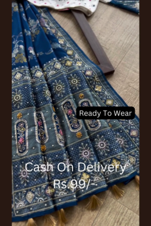 Royal Indigo Silk Saree with Sun-Motif Artistry