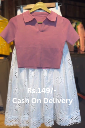 Casual Chic: Mauve Polo Crop Top & Eyelet Midi Skirt