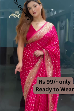 Vibrant Pink Polka Dot Saree with Gilded Lace Border