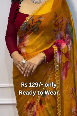 Golden Ochre Chiffon Saree with Painterly Floral Blooms