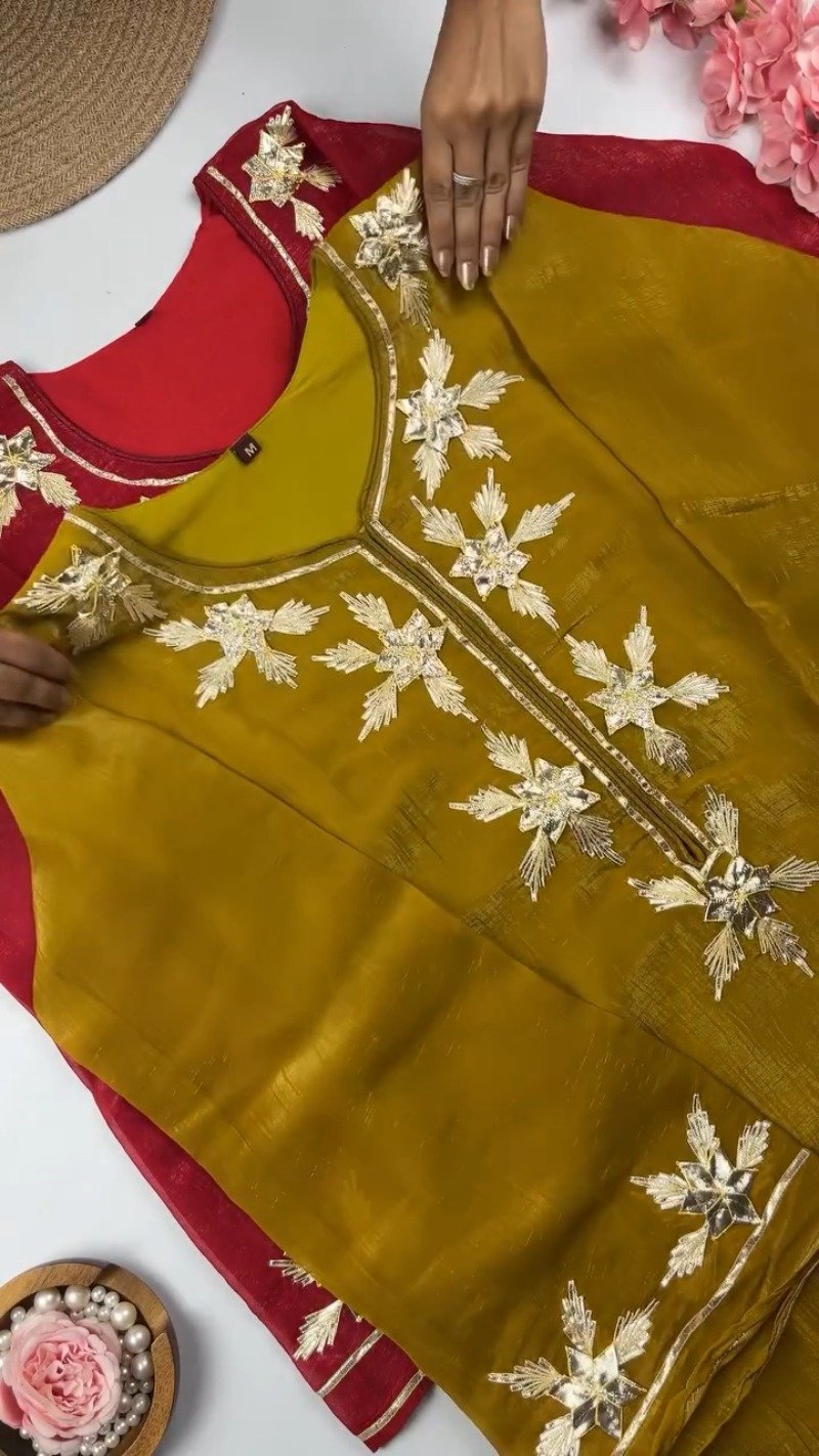 Elegant Gota Patti Embroidered Chanderi Kurta Set β Available in Midnight Black, Mustard Yellow & Crimson Red