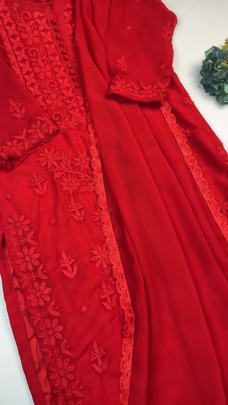 Chikankari Floral Embroidered Kurta Set β Available in Emerald Green, Scarlet Red & Midnight Black - Image 6