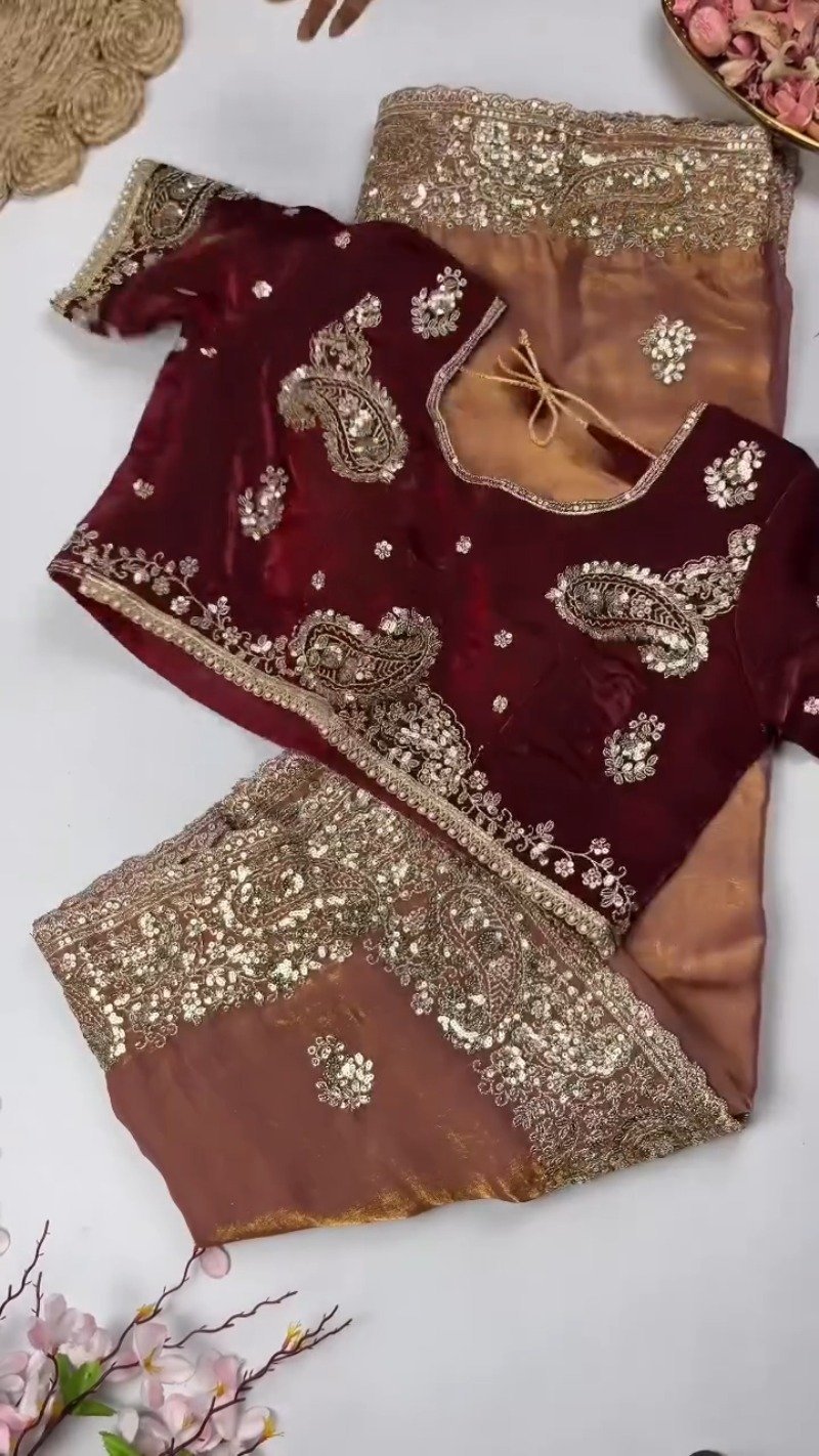 Opulent Paisley Embellished Saree Ensemble β Available in Crimson & Deep Plum - Image 2