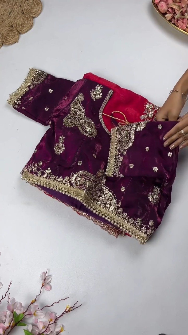 Opulent Paisley Embellished Saree Ensemble β Available in Crimson & Deep Plum - Image 3
