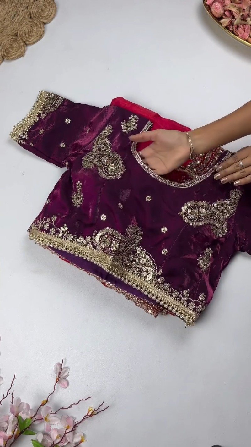 Opulent Paisley Embellished Saree Ensemble β Available in Crimson & Deep Plum - Image 4