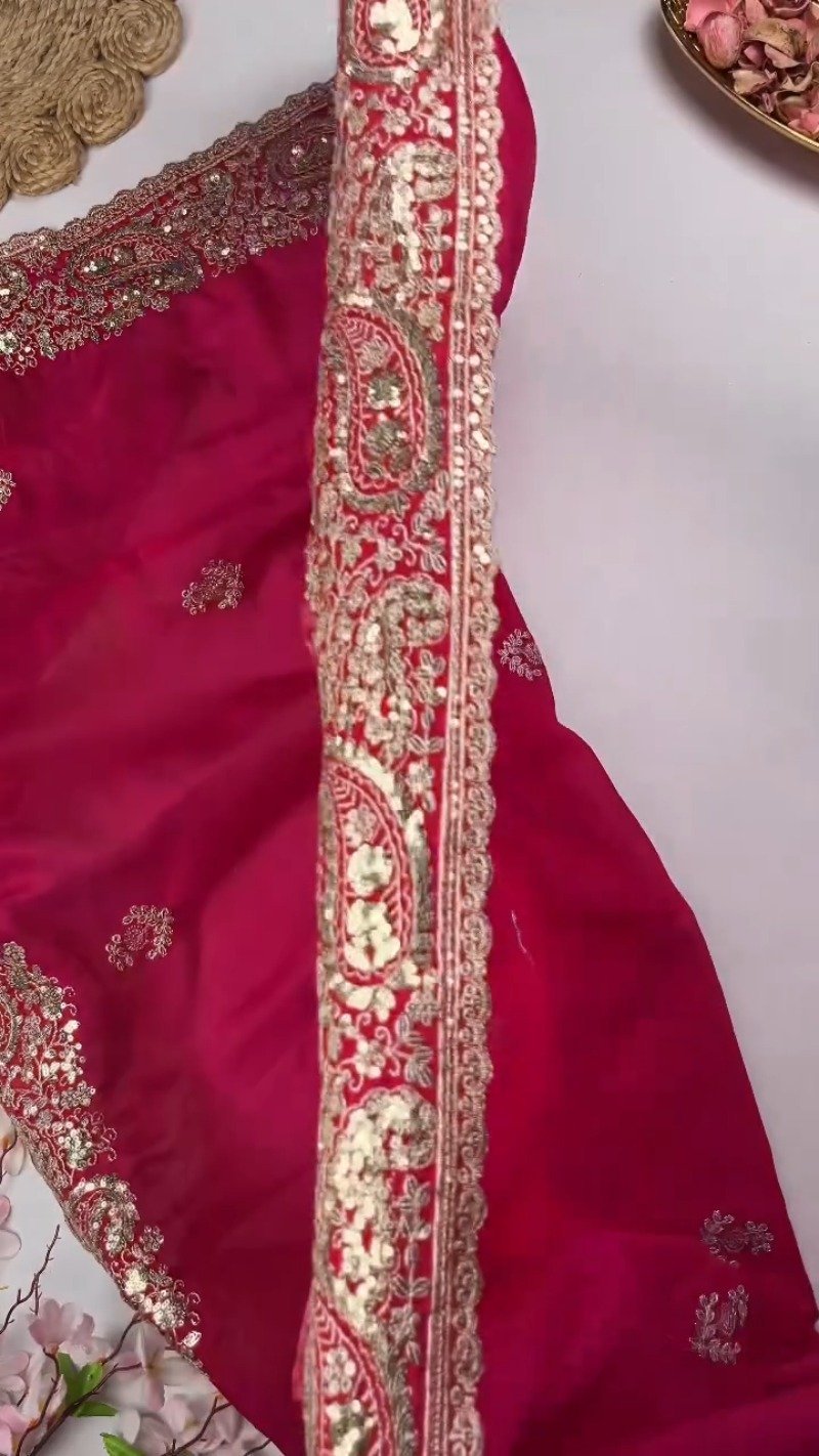 Opulent Paisley Embellished Saree Ensemble β Available in Crimson & Deep Plum - Image 6
